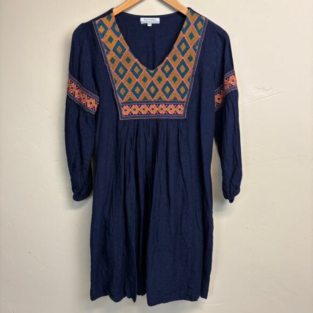 World Market Navy Blue  Boho Embroidered Neckline Peasant Dress Size S/M